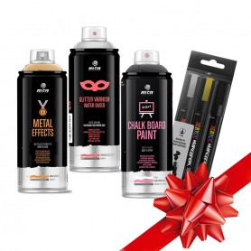 Pack de Spray Cromado Oro + Spray Pizarra + Spray Glitter Multicolor + Rotuladores Metal