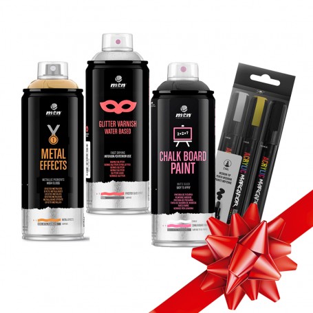 Pack de Spray Cromado Oro + Spray Pizarra + Spray Glitter Multicolor + Rotuladores Metal