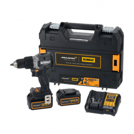 DEWALT Taladro Percutor McLaren sin escobillas XR 18V 13mm 90Nm con 2 baterías Li-Ion 5Ah y maletín TSTAK